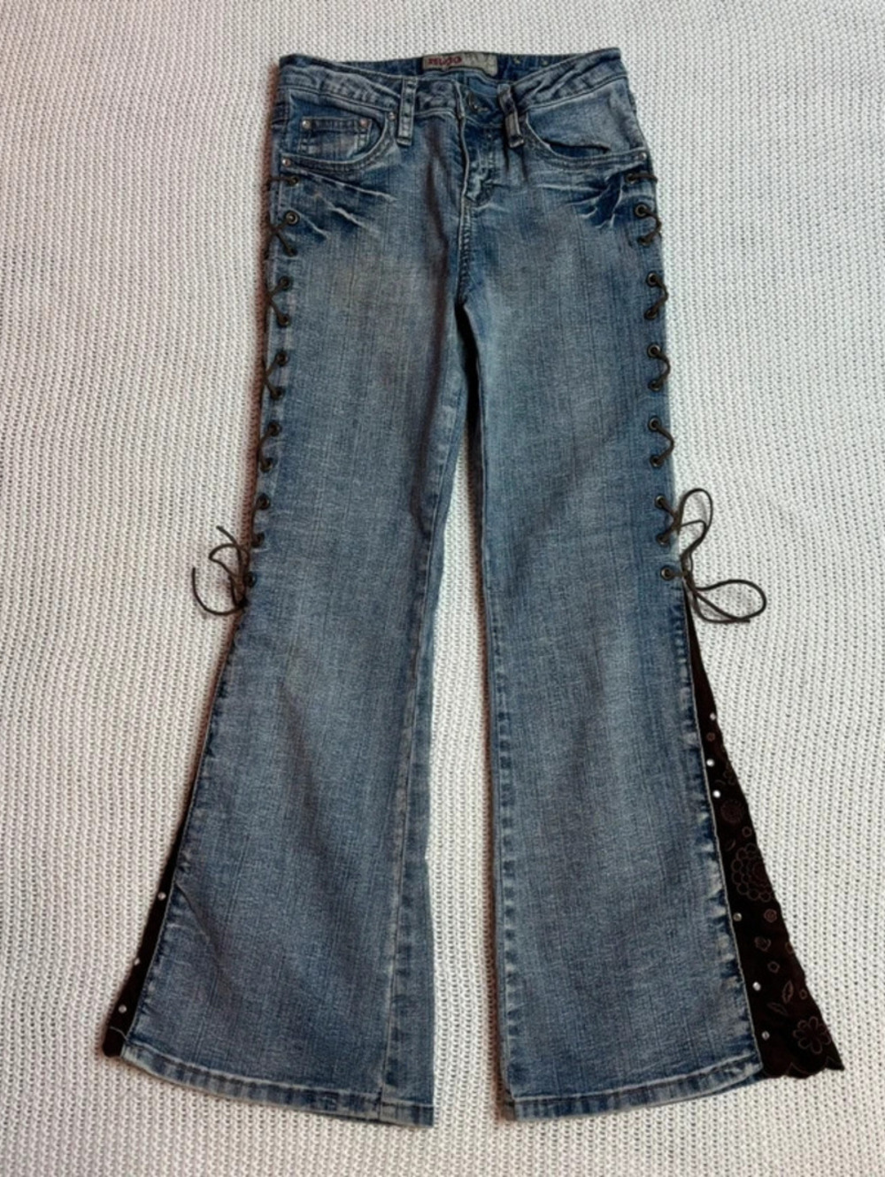 mudd girls lace up jeans sz 8 flare floral glitter